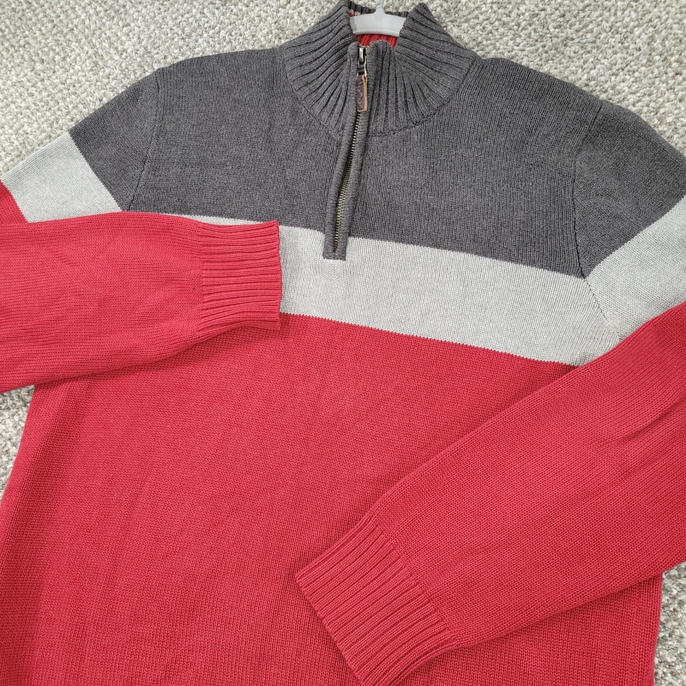 Eddie Bauer Mens‎ Med. Red Grey Colorblock 1/4 Zip Cotton Knit Sweater Fisherman